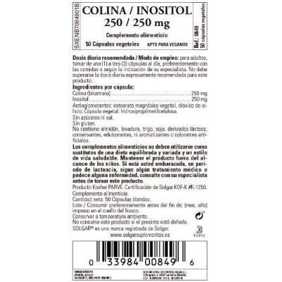 Comprar SOLGAR COLINA/INOSITOL 250/250MG 50 CAPSULAS VEGETALES al mejor precio en NuestraFarma, tu farmacia online