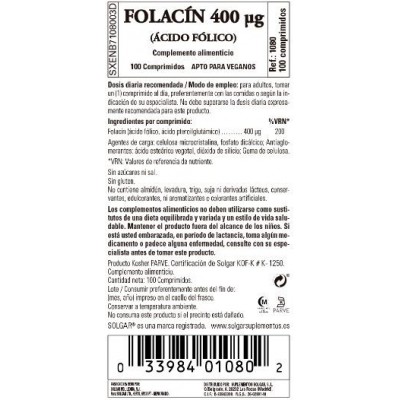 Comprar SOLGAR FOLACIN (ACIDO FOLICO) 400MCG 100 COMPRIMIDOS al mejor precio en NuestraFarma, tu farmacia online