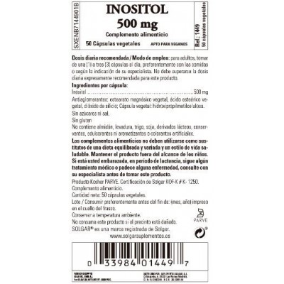 Comprar SOLGAR INOSITOL 500 MG 50 CAPSULAS VEGETALES al mejor precio en NuestraFarma, tu farmacia online
