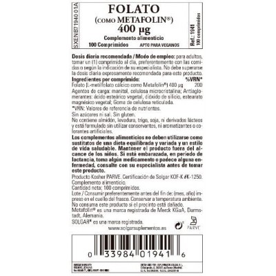 Comprar SOLGAR FOLATO (COMO METAFOLIN) 400MCG 100 COMPRIMIDOS al mejor precio en NuestraFarma, tu farmacia online