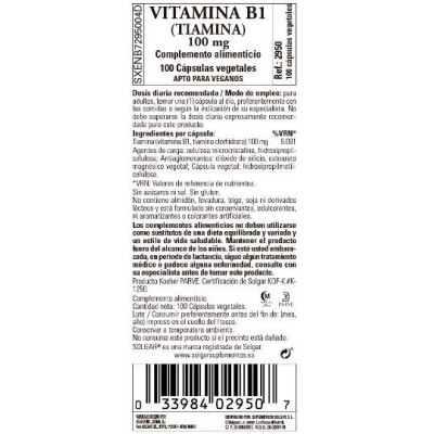Comprar SOLGAR VITAMINA B1 (TIAMINA) 100MG 100 CAPSULAS VEGETALES al mejor precio en NuestraFarma, tu farmacia online