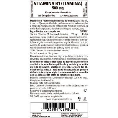 Comprar SOLGAR VITAMINA B1 (TIAMINA) 500MG 100 COMPRIMIDOS al mejor precio en NuestraFarma, tu farmacia online