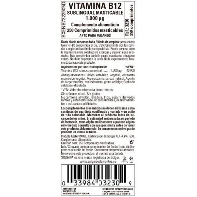 Comprar SOLGAR VITAMINA B12 (CIANOCOBALAMINA) 1000 MCG 250 COMPRIMIDOS MASTICABLES al mejor precio en NuestraFarma, tu farmacia online