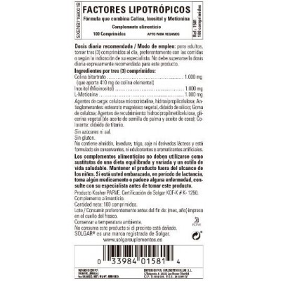 Comprar SOLGAR FACTORES LIPOTROPICOS 100 COMPRIMIDOS al mejor precio en NuestraFarma, tu farmacia online