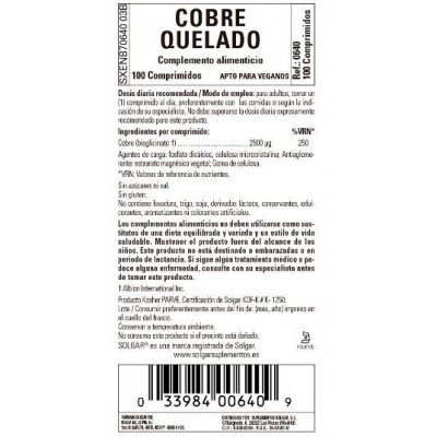 Comprar SOLGAR COBRE QUELADO 100 COMPRIMIDOS al mejor precio en NuestraFarma, tu farmacia online