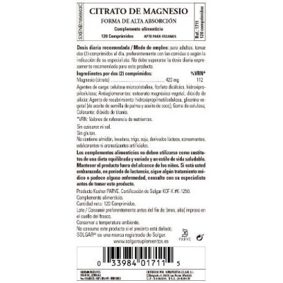 Comprar SOLGAR CITRATO DE MAGNESIO 120 COMPRIMIDOS al mejor precio en NuestraFarma, tu farmacia online