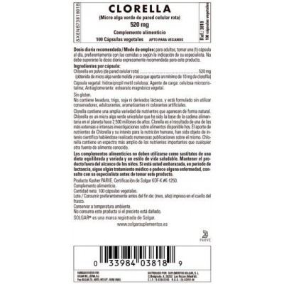 Comprar SOLGAR CLORELLA 520MG 100 CAPSULAS VEGETALES al mejor precio en NuestraFarma, tu farmacia online