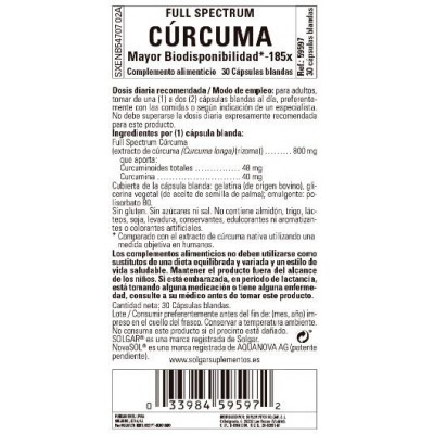 Comprar SOLGAR FULL SPECTRUM CURCUMINA 30 CAPSULAS BLANDAS al mejor precio en NuestraFarma, tu farmacia online