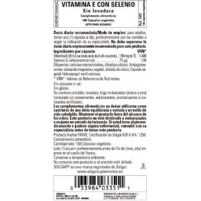 Comprar SOLGAR VITAMINA E CON SELENIO (SIN LEVADURA) 100 CAPSULAS VEGETALES al mejor precio en NuestraFarma, tu farmacia online