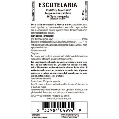 Comprar SOLGAR ESCUTELARIA (SCUTELLARIA BAICALENSIS) 50 CÁPSULAS VEGETALES al mejor precio en NuestraFarma, tu farmacia online