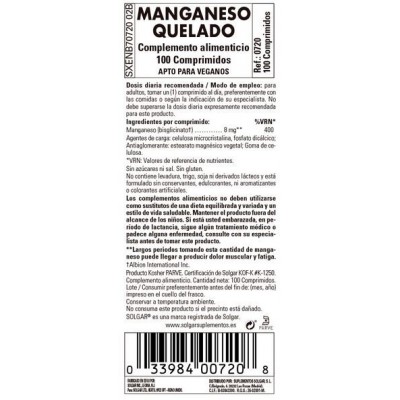 Comprar SOLGAR MANGANESO QUELADO 100 COMPRIMIDOS al mejor precio en NuestraFarma, tu farmacia online