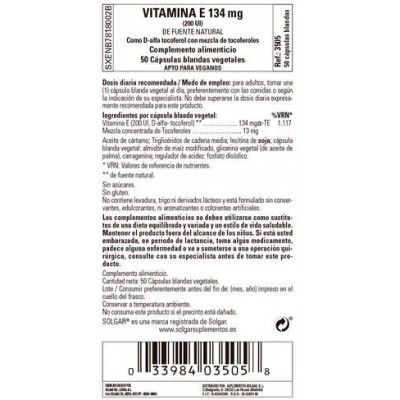 Comprar SOLGAR VITAMINA E "SECA" 200UI (134MG) 50 CAPSULAS VEGETALES al mejor precio en NuestraFarma, tu farmacia online
