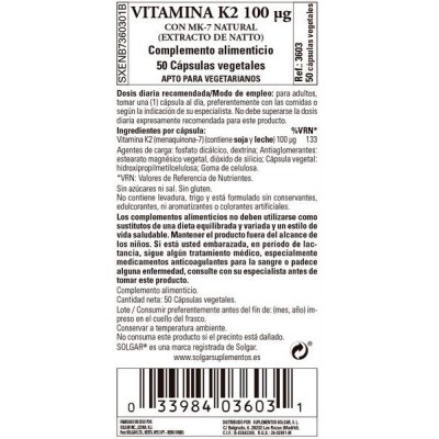 Comprar SOLGAR VITAMINA K2 100MCG CON MK-7 NATURAL (EXTRACTO DE NATTO) 50 CAPSULAS VEGETALES al mejor precio en NuestraFarma, tu farmacia online