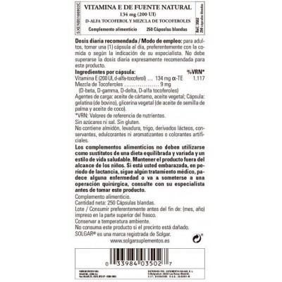 Comprar SOLGAR VITAMINA E 200UI (134MG) 250 CAPSULAS BLANDAS al mejor precio en NuestraFarma, tu farmacia online