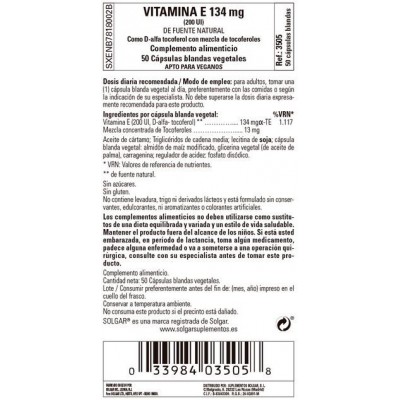 Comprar SOLGAR VITAMINA E 200UI (134MG) 50 CAPSULAS BLANDAS VEGETALES al mejor precio en NuestraFarma, tu farmacia online