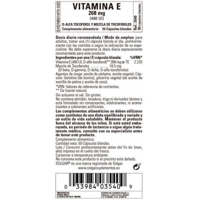 Comprar SOLGAR VITAMINA E 400UI (268MG) 50 CAPSULAS BLANDAS al mejor precio en NuestraFarma, tu farmacia online