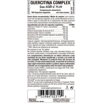 Comprar SOLGAR QUERCITINA COMPLEX CON ESTER-C PLUS 100 CAPSULAS VEGETALES al mejor precio en NuestraFarma, tu farmacia online