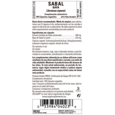 Comprar SOLGAR SABAL (SAW PALMETO) 100 CAPSULAS VEGETALES al mejor precio en NuestraFarma, tu farmacia online